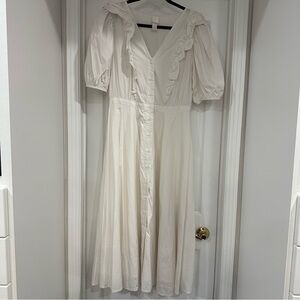 White cotton blend H&M midi dress with puff sleeves and ruffles size Medium